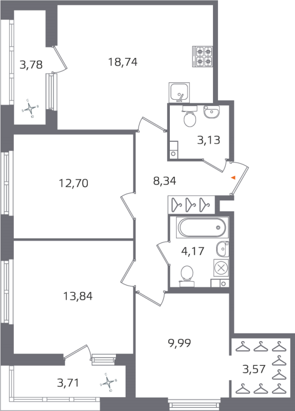 4-комнатная (Евро) квартира, 74.48 м² в ЖК "Б15" - планировка, фото №1
