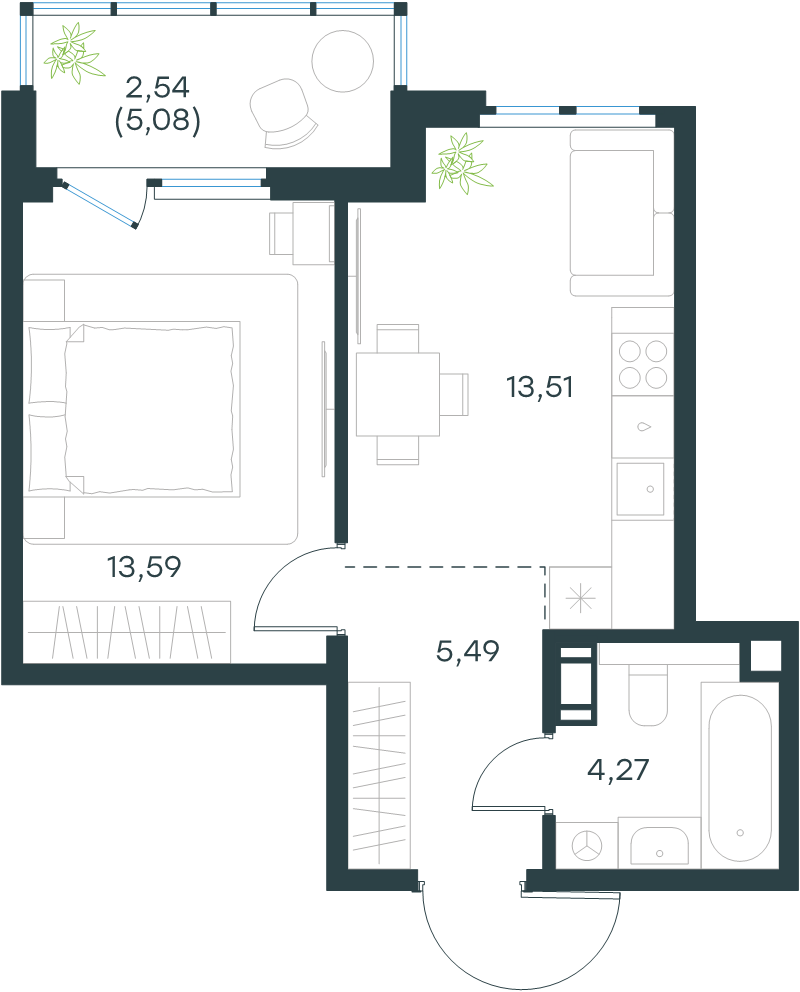 1-комнатная квартира, 39.1 м² в ЖК "Левел Мечникова" - планировка, фото №1
