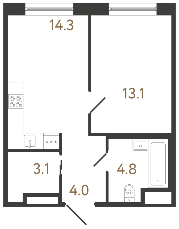 1-комнатная квартира, 39.3 м² в ЖК "Передвижники 2" - планировка, фото №1