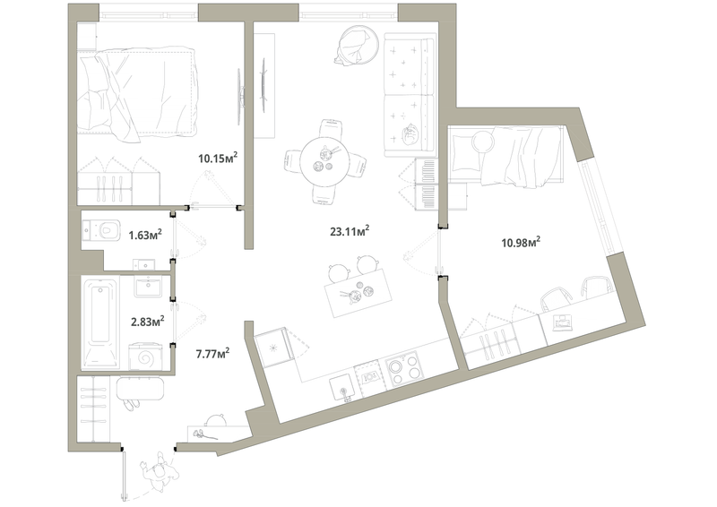 3-комнатная (Евро) квартира, 56.47 м² в ЖК "Тишин" - планировка, фото №1