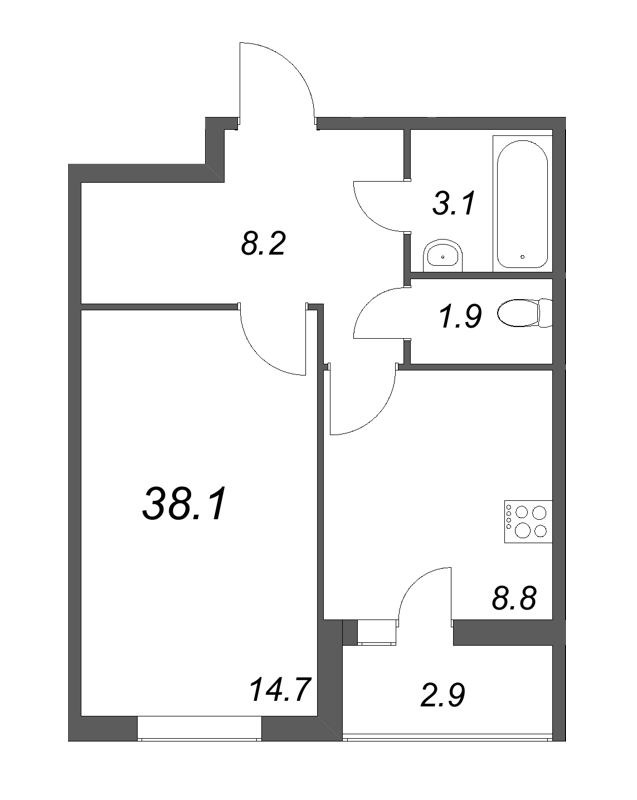 1-комнатная квартира, 38.1 м² в ЖК "Дзета" - планировка, фото №1