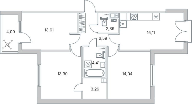 4-комнатная (Евро) квартира, 73.08 м² в ЖК "Любоград" - планировка, фото №1