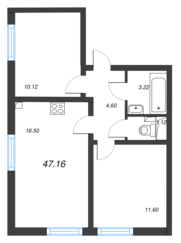 3-комнатная (Евро) квартира, 47.16 м² в ЖК "Морская миля" - планировка, фото №1