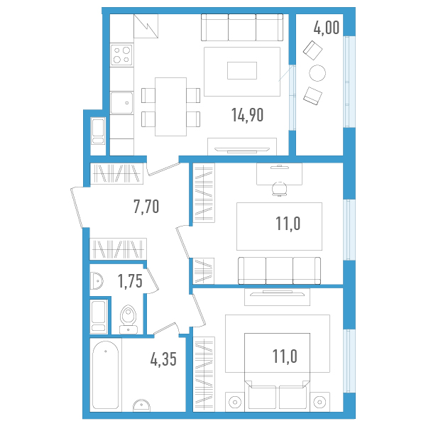 2-комнатная квартира, 52.7 м² в ЖК "AEROCITY" - планировка, фото №1