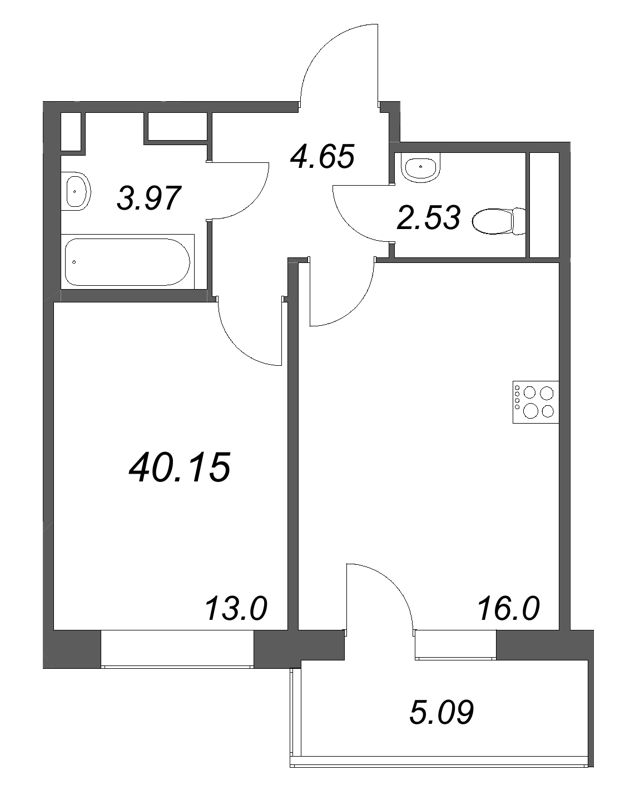 2-комнатная (Евро) квартира, 40.15 м² в ЖК "Дом на Курской" - планировка, фото №1