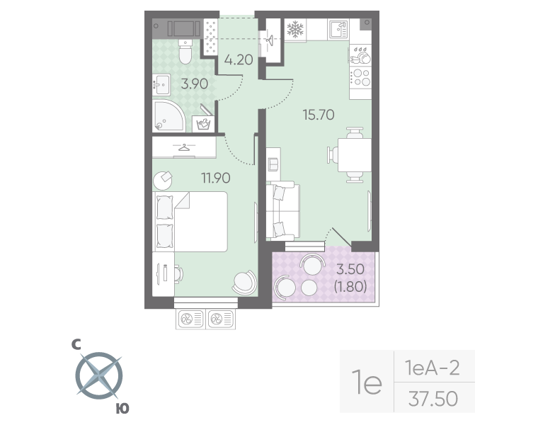 2-комнатная (Евро) квартира, 37.5 м² в ЖК "Ручьи" - планировка, фото №1