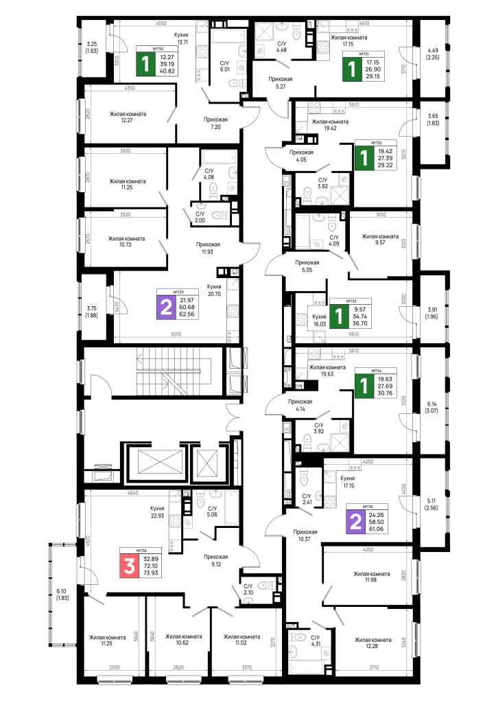 4-комнатная (Евро) квартира, 73.93 м² в ЖК "Имена" - планировка этажа