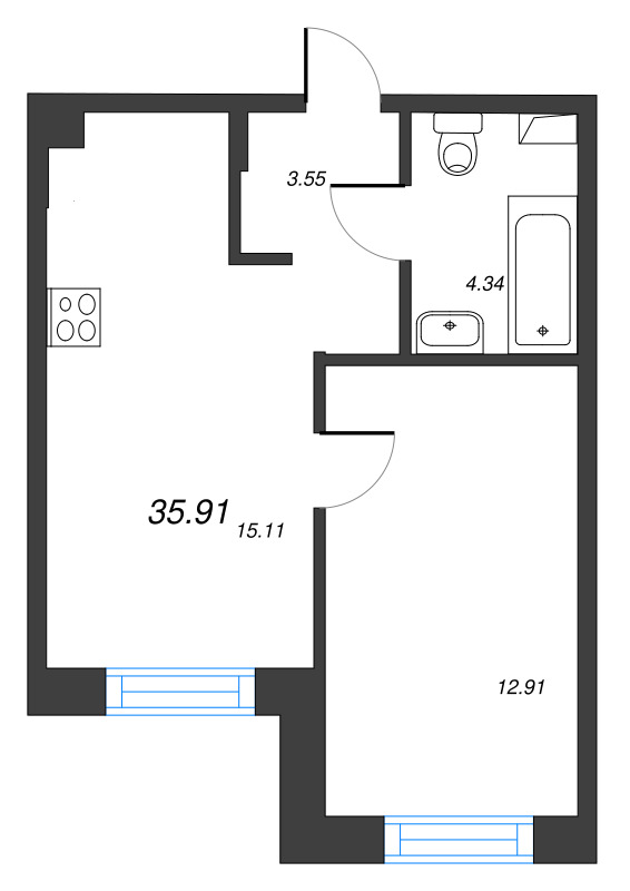 2-комнатная (Евро) квартира, 35.91 м² в ЖК "Тишин" - планировка, фото №1