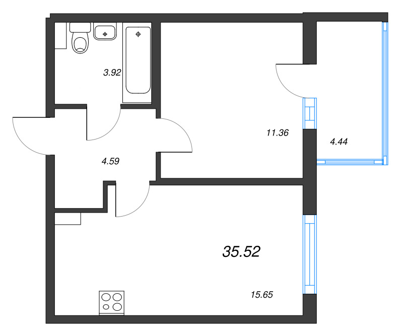 2-комнатная (Евро) квартира, 35.52 м² в ЖК "Любоград" - планировка, фото №1