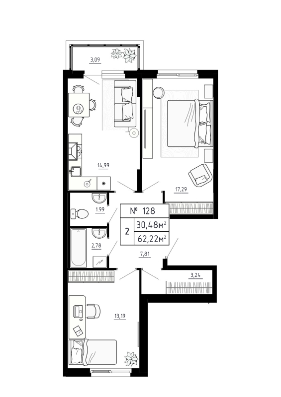 2-комнатная квартира, 62.22 м² в ЖК "Аннино Сити" - планировка, фото №1