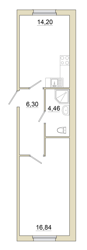 1-комнатная квартира, 41.8 м² - планировка, фото №1