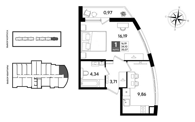 1-комнатная квартира, 35.07 м² в ЖК "Догма Юкки" - планировка, фото №1