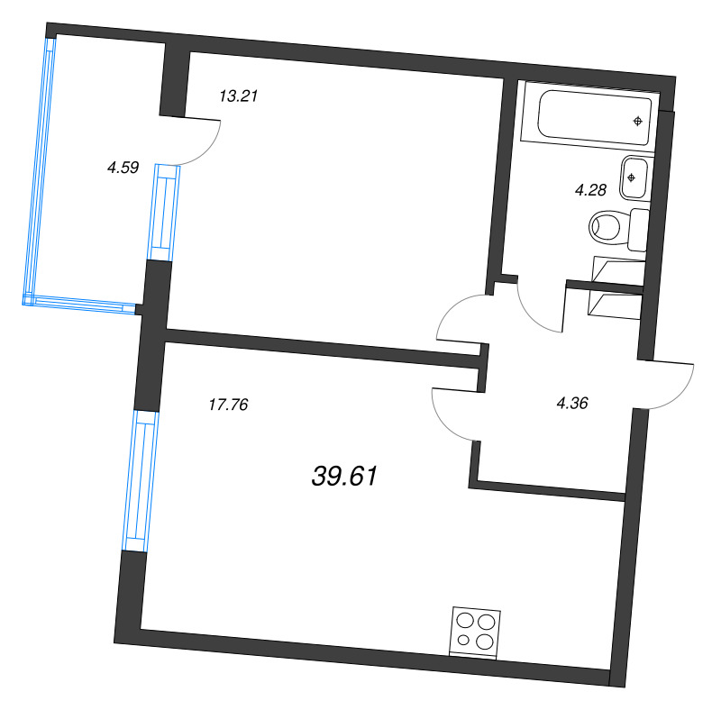 2-комнатная (Евро) квартира, 39.61 м² в ЖК "ЮгТаун" - планировка, фото №1