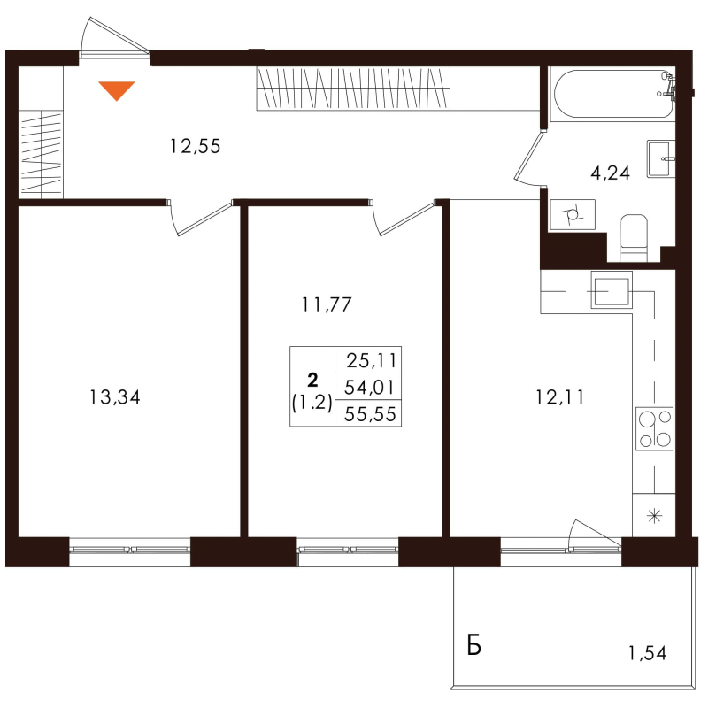 2-комнатная квартира, 55.55 м² - планировка, фото №1