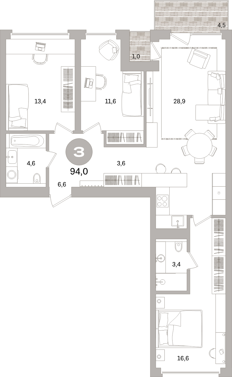4-комнатная (Евро) квартира, 94 м² в ЖК "Северный ветер" - планировка, фото №1