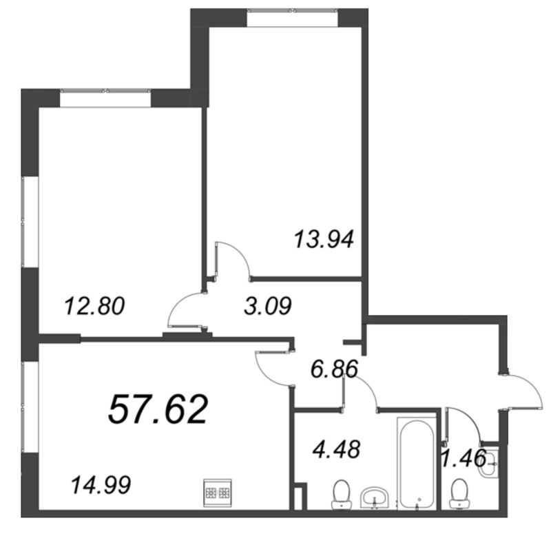 3-комнатная (Евро) квартира, 57.62 м² в ЖК "VEREN NORT сертолово" - планировка, фото №1