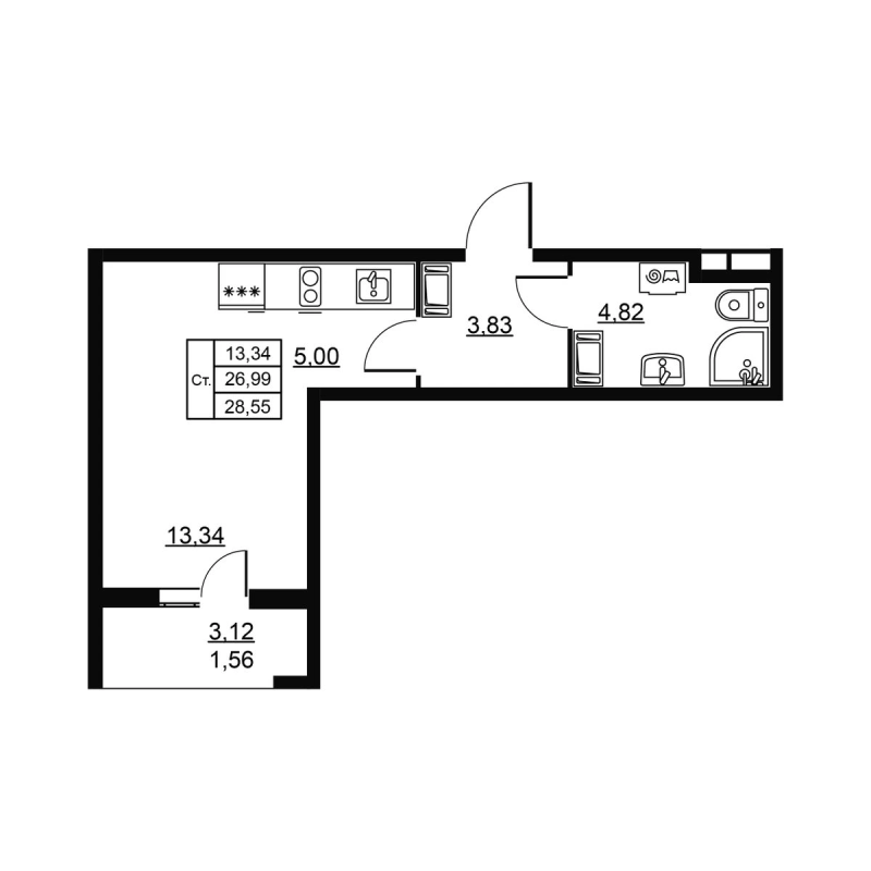 Квартира-студия, 28.55 м² в ЖК "Высота. Новодевяткино" - планировка, фото №1