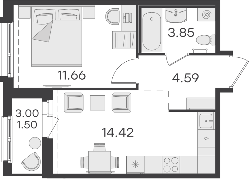 1-комнатная квартира, 36.02 м² - планировка, фото №1