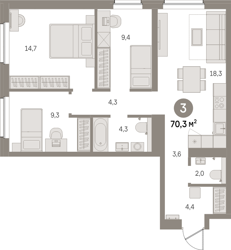 4-комнатная (Евро) квартира, 70.3 м² в ЖК "Северный ветер" - планировка, фото №1