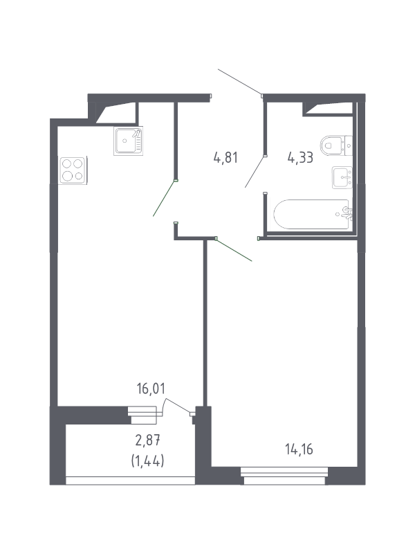 2-комнатная (Евро) квартира, 40.75 м² в ЖК "Сандэй" - планировка, фото №1