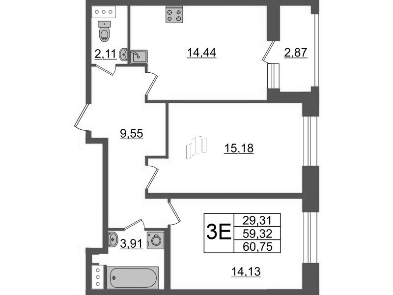 2-комнатная квартира, 60.75 м² - планировка, фото №1