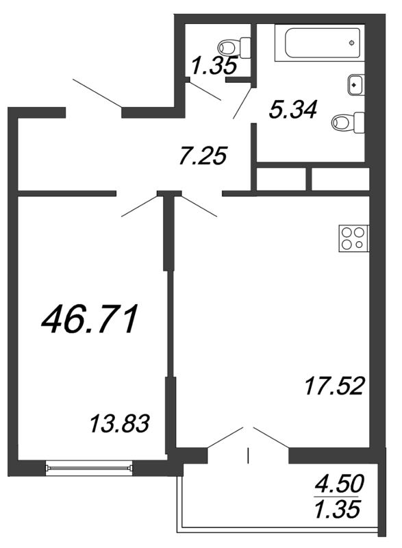 2-комнатная (Евро) квартира, 46.7 м² - планировка, фото №1