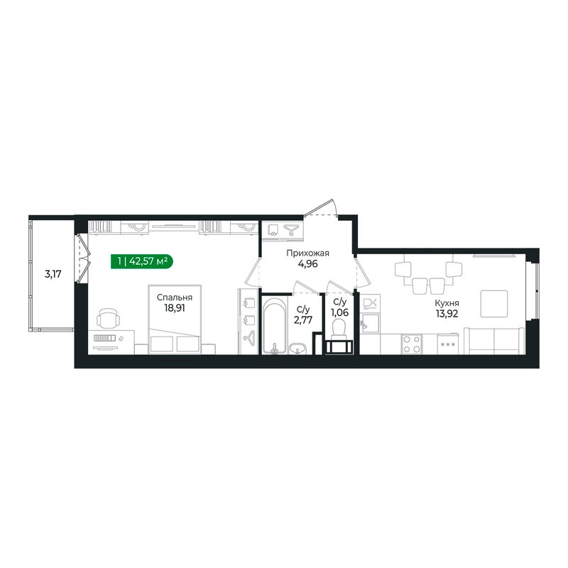 1-комнатная квартира, 41.6 м² - планировка, фото №1