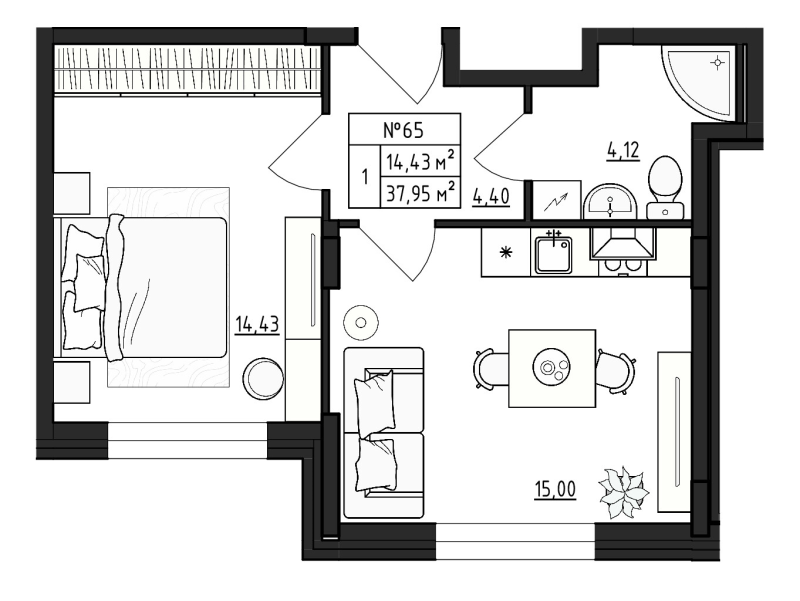 2-комнатная (Евро) квартира, 37.95 м² в ЖК "Верево Сити" - планировка, фото №1