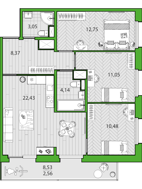 4-комнатная (Евро) квартира, 74.83 м² - планировка, фото №1