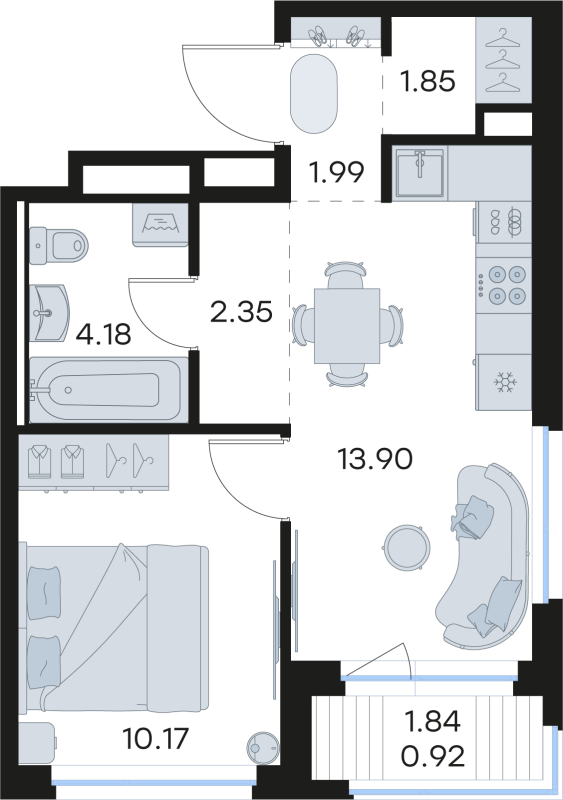 2-комнатная (Евро) квартира, 35.36 м² в ЖК "GloraX Новоселье" - планировка, фото №1