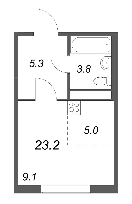 Квартира-студия, 23.2 м² в ЖК "Гений" - планировка, фото №1