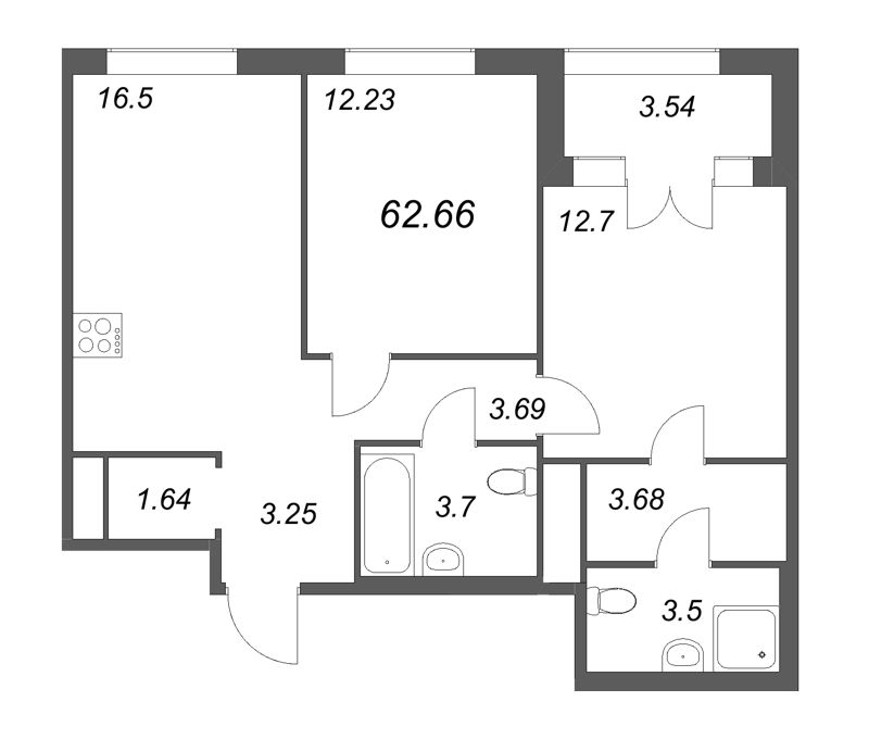 3-комнатная (Евро) квартира, 62.66 м² - планировка, фото №1