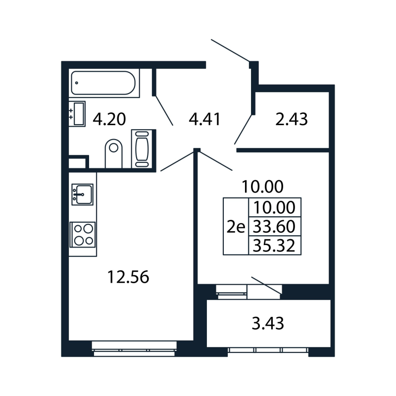 1-комнатная квартира, 33.6 м² - планировка, фото №1