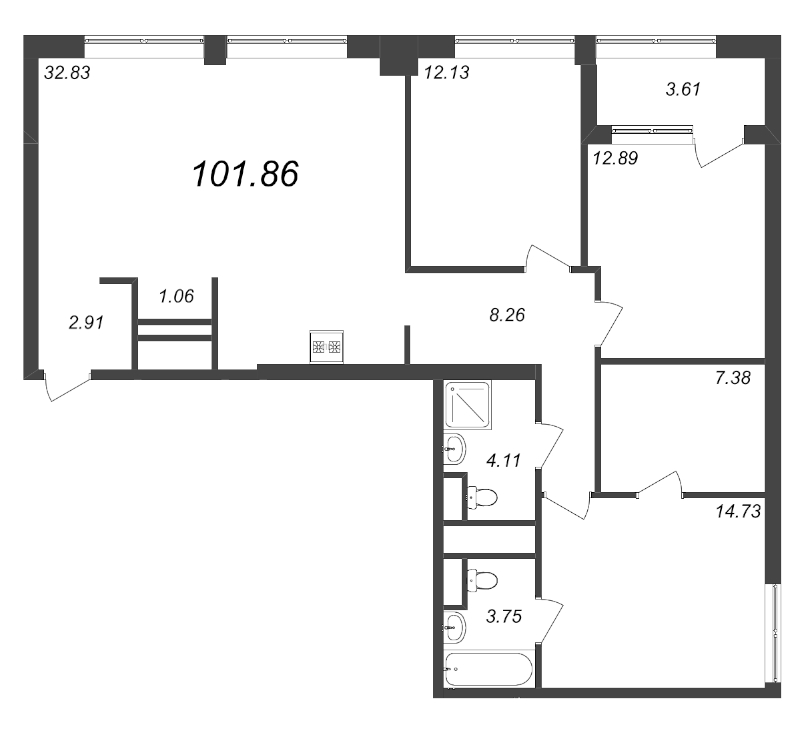 4-комнатная (Евро) квартира, 101.86 м² - планировка, фото №1