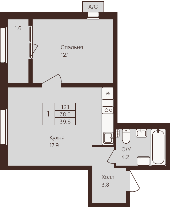 2-комнатная (Евро) квартира, 39.6 м² - планировка, фото №1