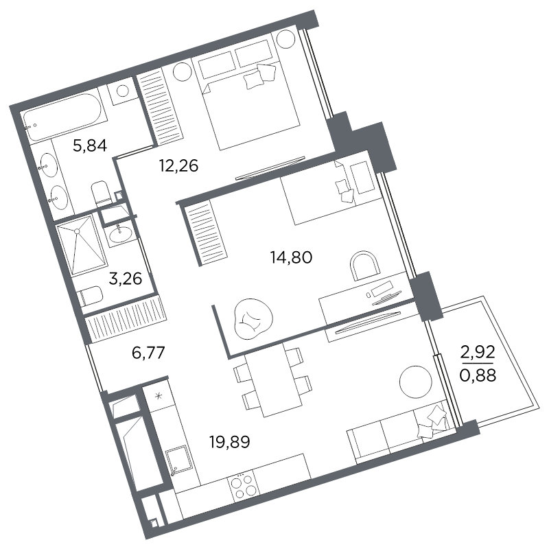 3-комнатная (Евро) квартира, 63.7 м² в ЖК "Акватория" - планировка, фото №1