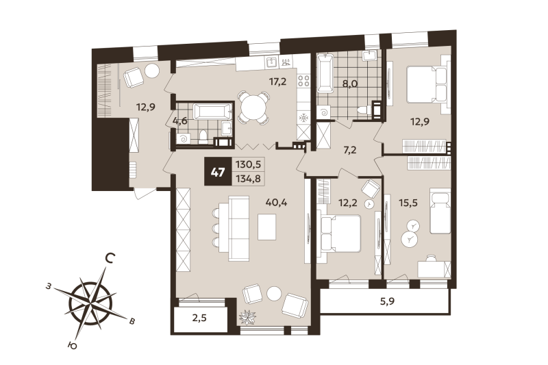 4-комнатная (Евро) квартира, 130.5 м² в ЖК "Дом на Бронницкой" - планировка, фото №1