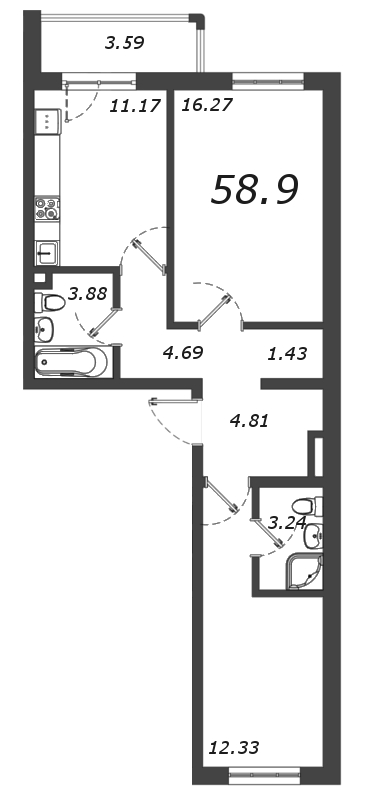2-комнатная квартира, 58.8 м² - планировка, фото №1