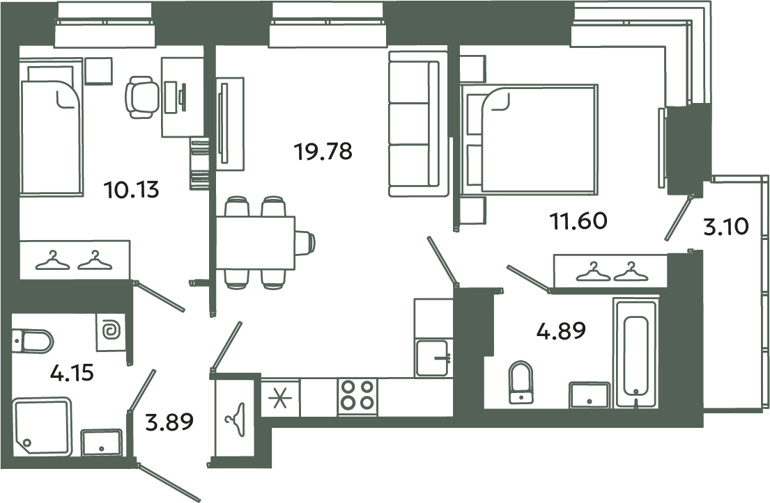 3-комнатная (Евро) квартира, 55.37 м² в ЖК "Загляденье" - планировка, фото №1