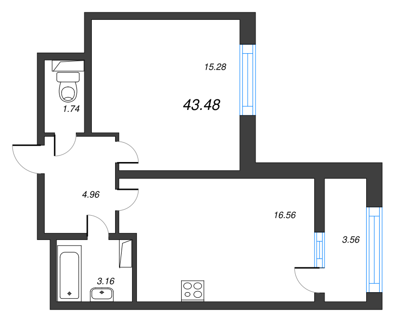 2-комнатная (Евро) квартира, 43.48 м² - планировка, фото №1