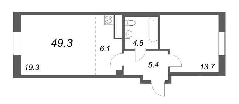2-комнатная (Евро) квартира, 49.2 м² - планировка, фото №1