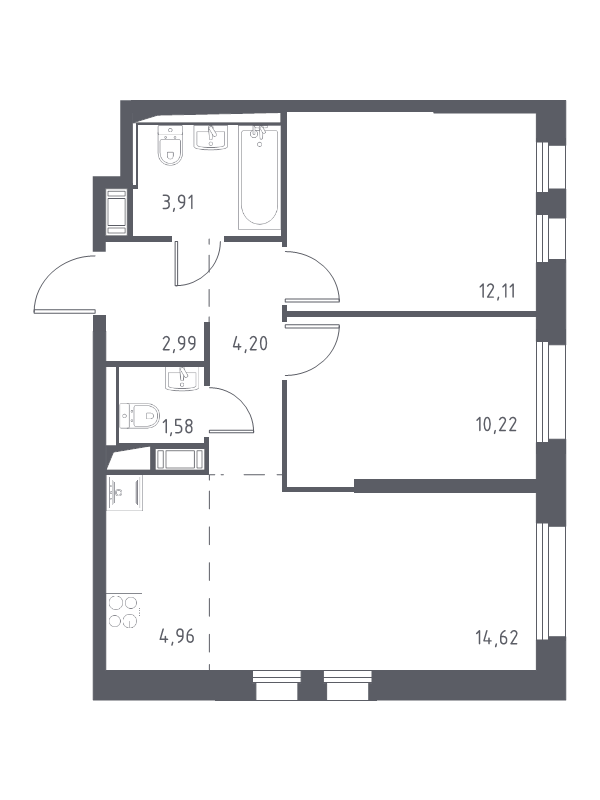 3-комнатная (Евро) квартира, 54.59 м² - планировка, фото №1