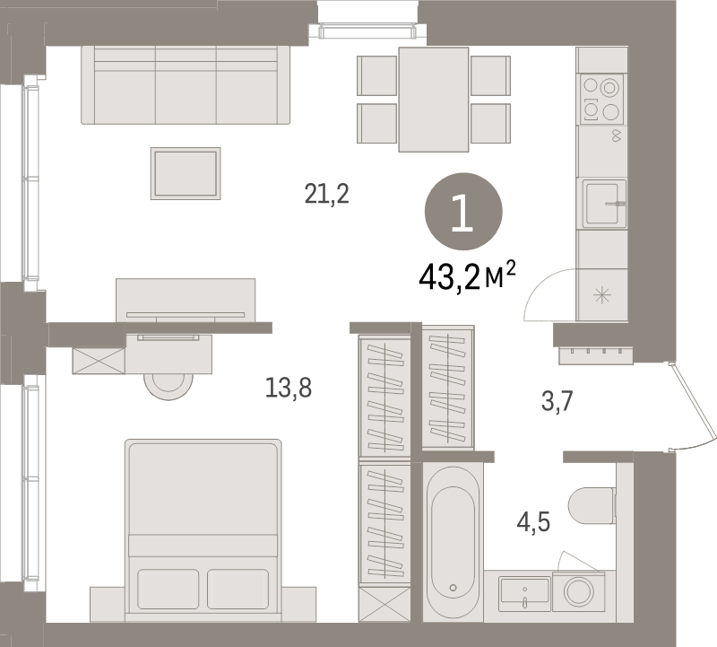 2-комнатная (Евро) квартира, 43.2 м² в ЖК "Брусника в Новоселье" - планировка, фото №1