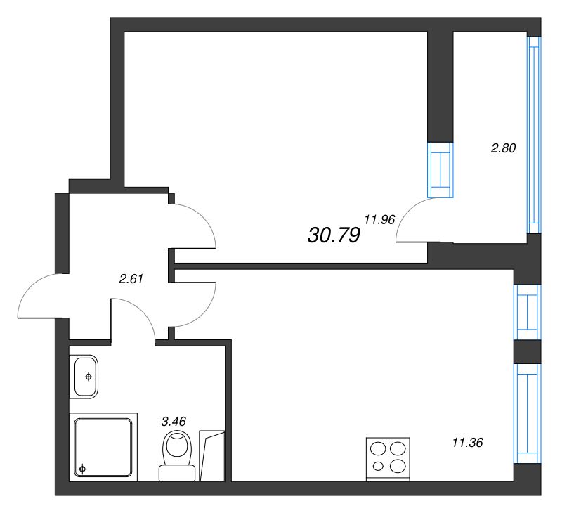 1-комнатная квартира, 30.79 м² - планировка, фото №1