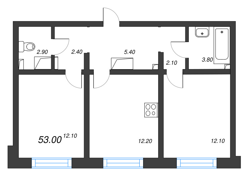 2-комнатная квартира, 53 м² в ЖК "Цветной город" - планировка, фото №1