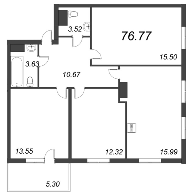 3-комнатная квартира, 76.77 м² - планировка, фото №1