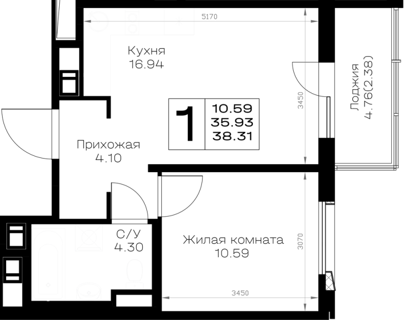 2-комнатная (Евро) квартира, 38.31 м² в ЖК "Борский" - планировка, фото №1