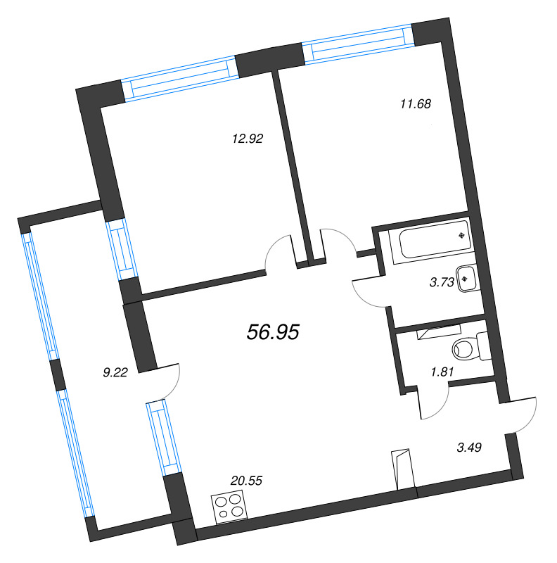 3-комнатная (Евро) квартира, 56.95 м² в ЖК "Аквилон Riva" - планировка, фото №1