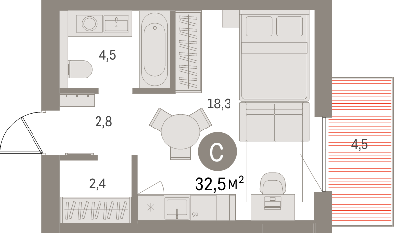 Квартира-студия, 31.8 м² в ЖК "Северный ветер" - планировка, фото №1