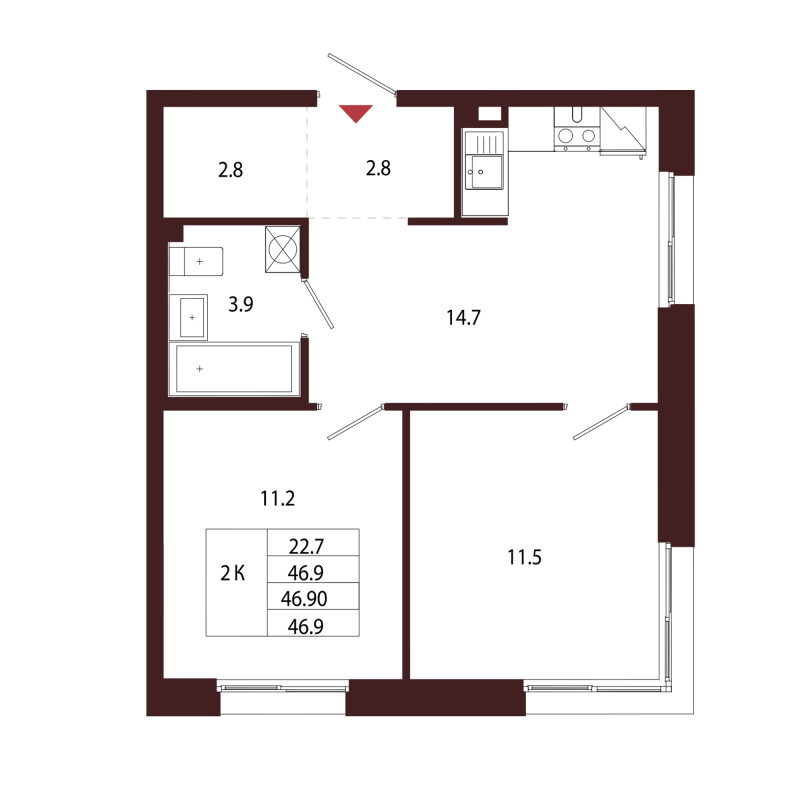 2-комнатная квартира, 46.9 м² в ЖК "Лисино" - планировка, фото №1